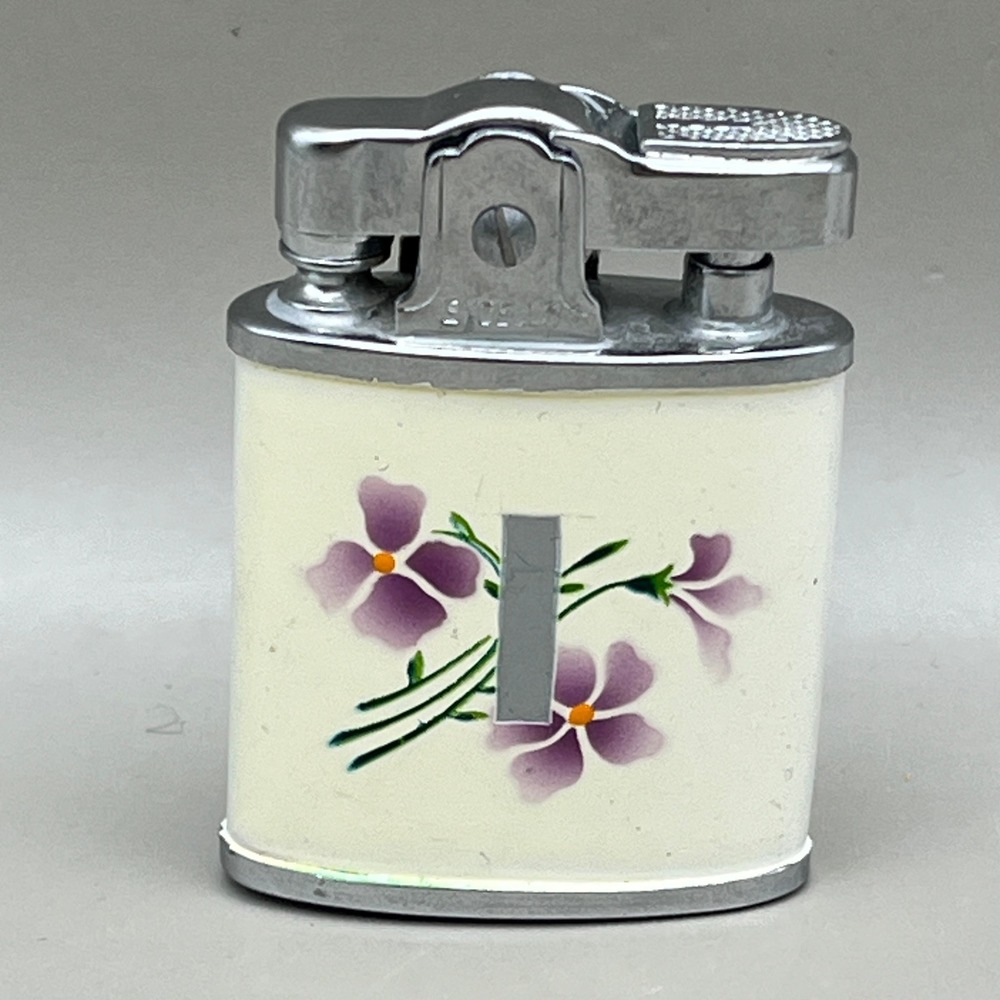 Vtg Excello Midget Pocket Lighter Cream Enamel Purple Floral Pansy Japan Box